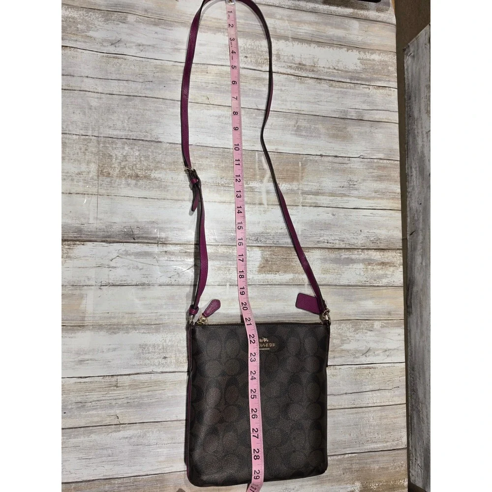 Coach North South Crossbody Bag Signature Canvas‎ Brown Magenta  File Purse